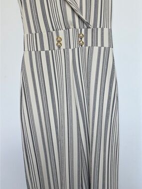 Almost Famous Cream and Black Striped Jumpsuit with Gold-Tone Buttons